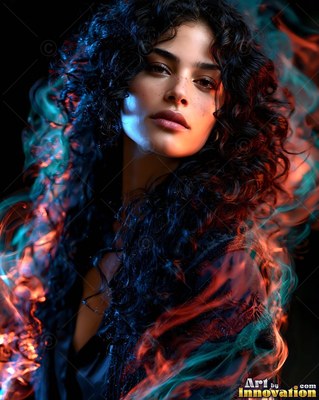 Gazing forward, a dark-haired woman is surrounded by blue and orange smoke