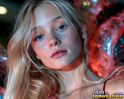 A blonde woman with blue eyes framed by red smoke swirls