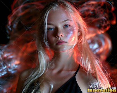Blonde hair frames a young woman looking forward before swirling trails of reddish smoke