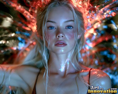 Looking forward, a blonde woman lies under red and silver foil reflections