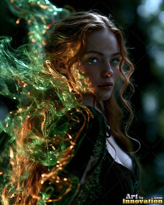 A red-haired woman looks out as green mist and gold sparks drift around her shoulder