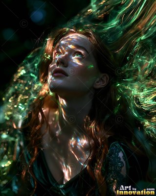 In the dark, a woman looks up under streaks of bright green light