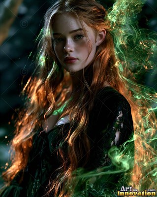 Facing forward, a red-haired standing woman wrapped in green smoke in dark woods