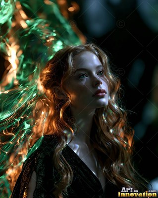 Woman with wavy hair looking up beside green light trails