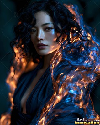 Curly black hair frames a woman wrapped in blue and orange smoky mist