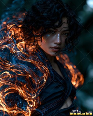 Turned toward us in the dark woods, a woman wrapped in orange flames