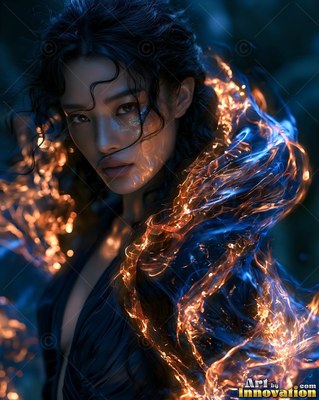 A woman with dark hair stands wrapped in swirls of bright orange and blue light