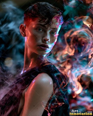 In dark shadows, a short-haired woman looks back through swirls of colorful smoke
