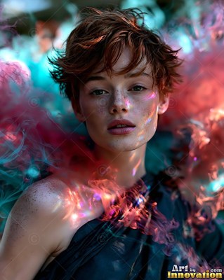 Looking straight ahead, a short-haired woman rests wrapped in red and teal smoke