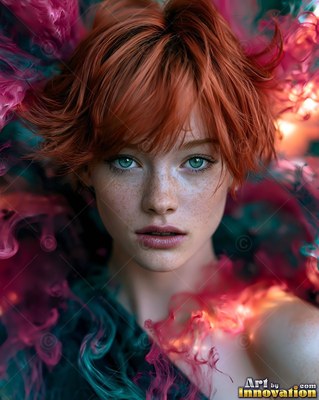 A freckled woman with short red hair surrounded by pink smoke haze
