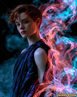 Short red hair frames a woman in a dark dress standing before swirls of pink and cyan smoke