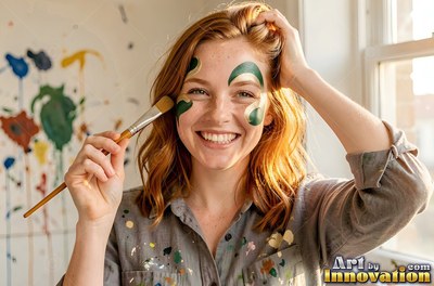 Holding a paintbrush, a smiling redhead woman has green face paint on her cheeks