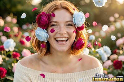Woman with a smile with pink and blue roses in her hair in a garden