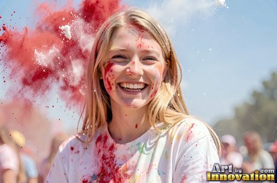 Red powder on her face, a smiling fair-haired woman stands outside in bright sunlight