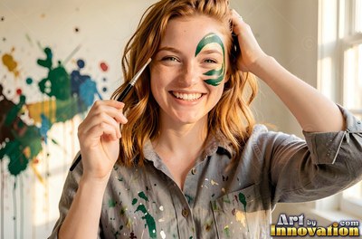 Facing forward in a bright studio, a smiling woman holds a brush with green face paint