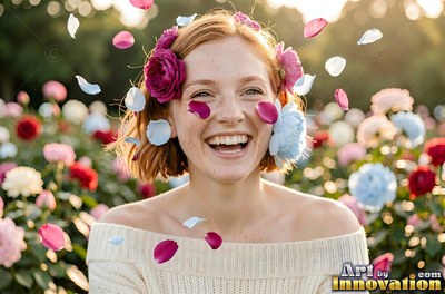 A smiling woman in a field has pink and blue flower petals falling around her face