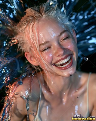 In splashing water, a wet woman with blond hair laughs with her eyes closed