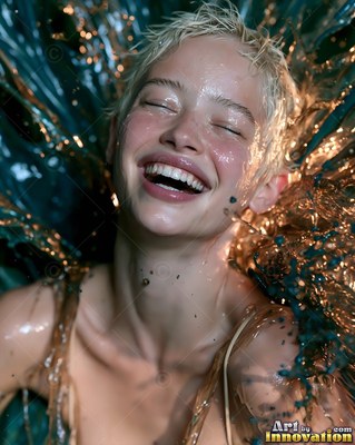Laughing with closed eyes, a wet woman with blonde hair smiles as dark water splashes around her