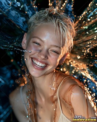 Cheerful woman with short wet blonde hair splashed with water