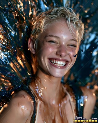 Short wet blonde hair on a smiling woman covered in splashes of clear liquid in dark blue light