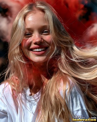 A woman with blonde hair smiles with windblown hair against a cloud of red powder