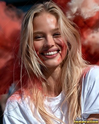 Facing forward outdoors, a smiling blond woman wears a white shirt with red powder dust