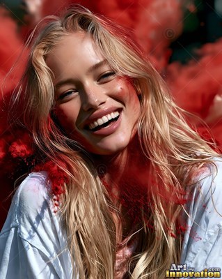 A smiling blonde woman in a white shirt surrounded by red powder smoke