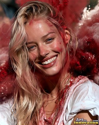 In a cloud of red dust, a smiling blonde woman covered in red powder wears a white shirt