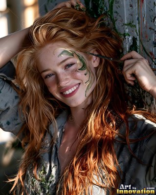 Smiling with green paint on her cheek, a red-haired woman holds a brush to her face