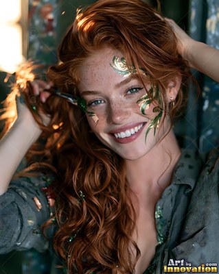Smiling red-haired woman with green face paint holds a brush