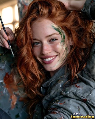 Green paint brushstrokes cover a smiling redhead woman's cheek in an artist studio