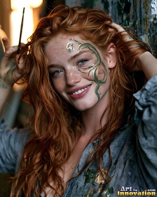 A smiling redheaded woman holds a paintbrush by her face painted with green swirls