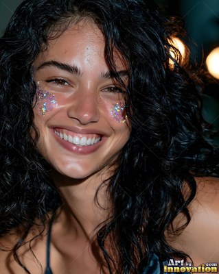 Close up facing forward at night, a cheerful woman wears glitter on her cheeks