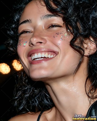 A cheerful woman with wet curly hair tilts her head back with glitter on her cheeks