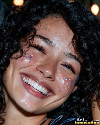 In warm indoor light, a cheerful woman with dark curls wears glitter on her cheeks