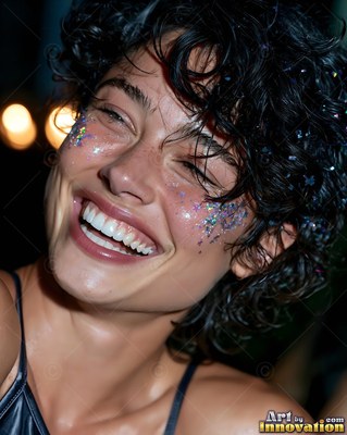 Laughing with closed eyes, a woman with short dark curls wears glitter on her cheekbones