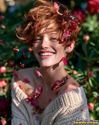 Smiling redhead woman covered in falling pink petals