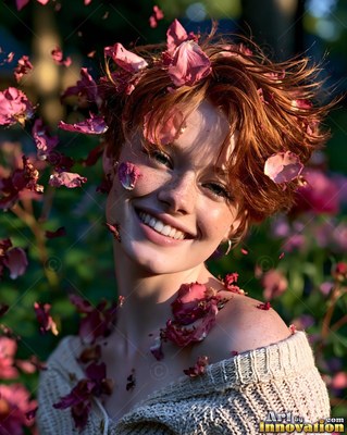 Wearing a cream knit sweater in a garden, a smiling red-haired woman is surrounded by pink petals