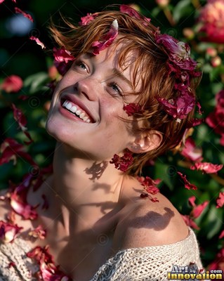 A happy woman with red hair looks up as pink flower petals fall in warm sunlight