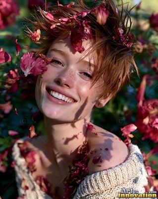 Smiling woman tilted back outdoors as pink petals fall around her hair