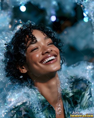 A woman with curly black hair smiles brightly surrounded by blue soapy bubbles