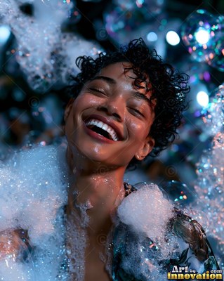In a dim room with blue lights, a woman with a smile tilts her head in white foam bubbles