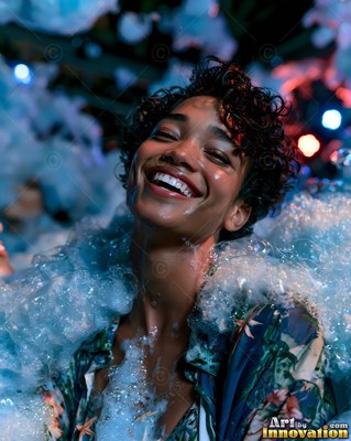 Laughing under dim blue light, a curly-haired woman smiles covered in soap foam