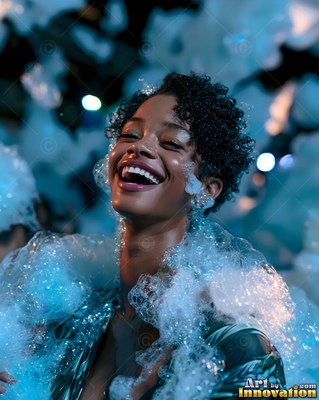 Happy woman laughing with white foam on her neck under blue light