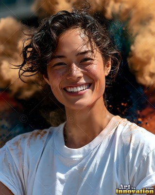 Messy curly hair on a smiling woman standing outdoors in clouds of brown and blue powder