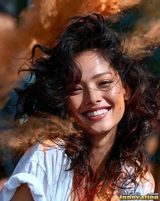 A woman with a smile tilts her head as bright orange powder bursts in the sun