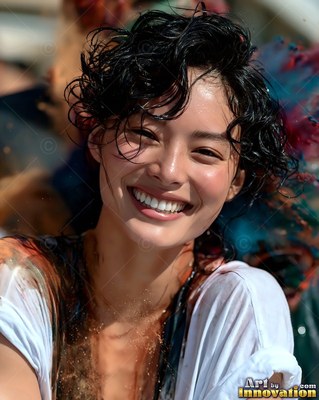 Close up outdoors, a happy woman in a messy white shirt has wet curls