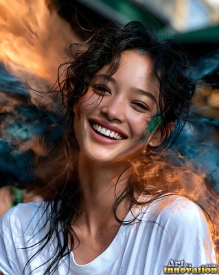 A happy woman in a white shirt surrounded by orange and blue powder dust