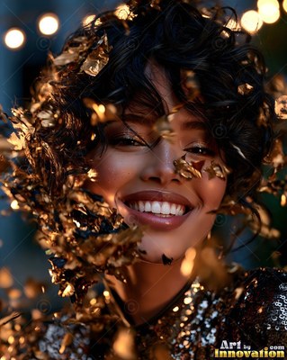 Under warm party lights, a happy woman is showered in gold confetti