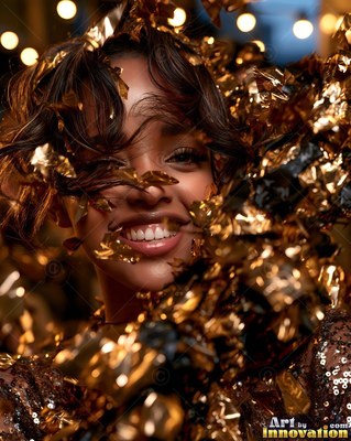 Smiling through falling gold confetti, a young woman enjoys a night party